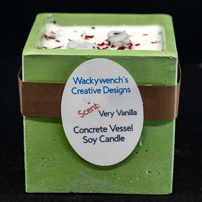 Market on Blackhawk:  Hand-Poured Soy Candles in Cement Vessels w/ Premium Fragrances - Green Sherbet Square LG w/ Very Vanilla scent (4"  x 4" x 4" - 3 lbs.)  |   Wacky Wench’s Creative Designs
