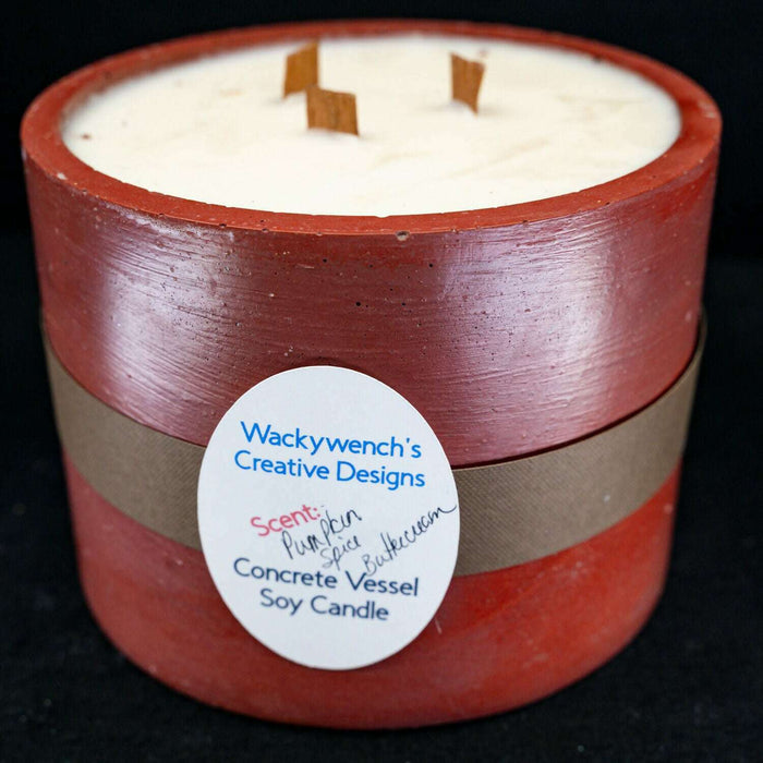 Market on Blackhawk:  Hand-Poured Soy Candles in Cement Vessels w/ Premium Fragrances - Red Round w/scented Pumpkin Spice Buttercream (6" x 4.75" x 6", 5.75 lbs.)  |   Wacky Wench’s Creative Designs