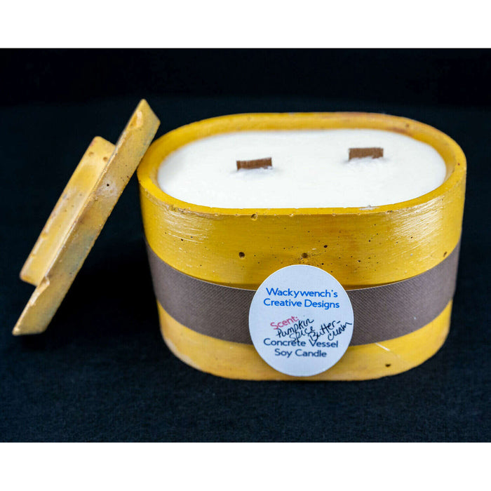 Market on Blackhawk:  Hand-Poured Soy Candles in Cement Vessels w/ Premium Fragrances - Yellow Oval Tub w/lid, w/Pumpkin Spice Butter Cream scent  (4.63" x 3.125" x 2.88" - 2.1 lbs.)  |   Wacky Wench’s Creative Designs