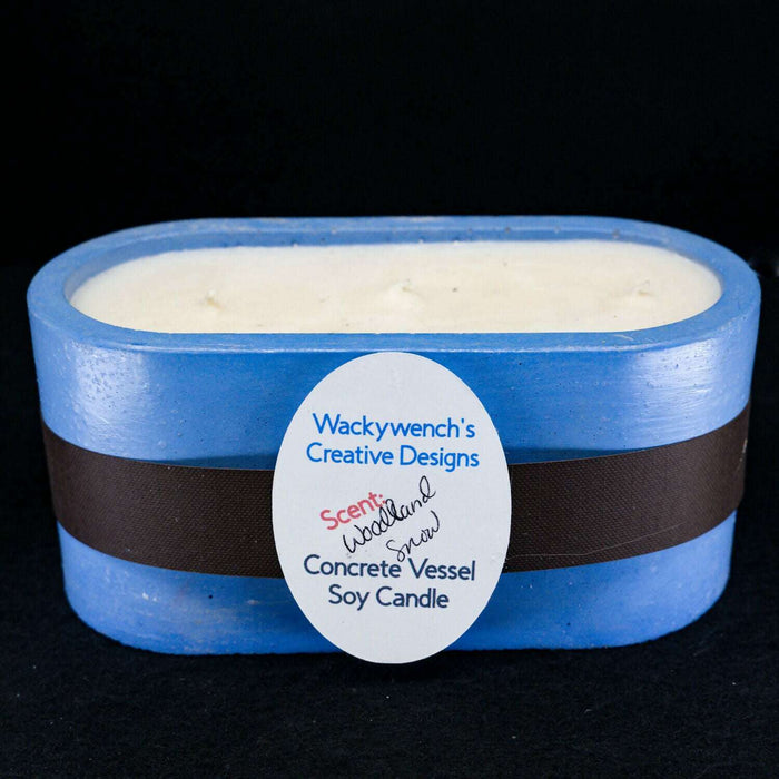 Market on Blackhawk:  Hand-Poured Soy Candles in Cement Vessels w/ Premium Fragrances - Blue LG Oval Tub w/Woodland Snow scent (6.56" x 3.125" x 3.1" x  3"H ) 2.88 lbs.  |   Wacky Wench’s Creative Designs