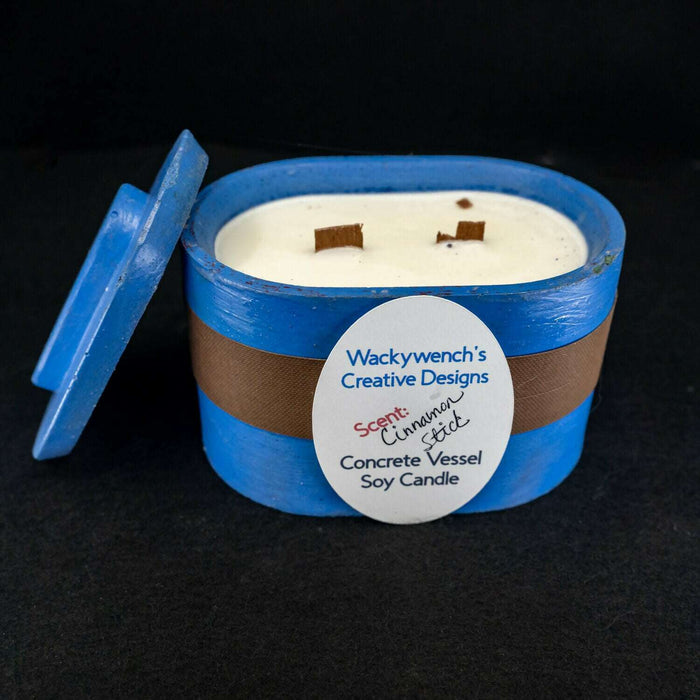 Market on Blackhawk:  Hand-Poured Soy Candles in Cement Vessels w/ Premium Fragrances - Blue SM Oval Tub w/Lid w/Cinnamon stick scent,  (4.75" x 3" x 2.75" without lid) 1.94 lbs. w/lid)  |   Wacky Wench’s Creative Designs
