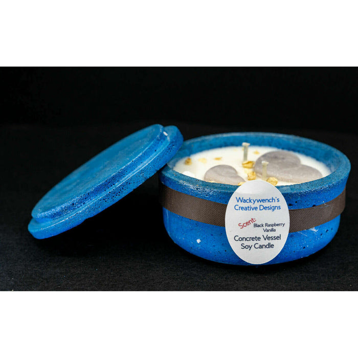 Market on Blackhawk:  Hand-Poured Soy Candles in Cement Vessels w/ Premium Fragrances - Blue Round SM w/Lid and Black Raspberry Vanilla scent  (4.5" x 4.5 x 2.5" - 1.6 lbs.)  |   Wacky Wench’s Creative Designs