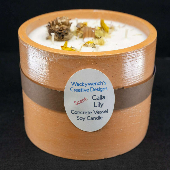 Market on Blackhawk:  Hand-Poured Soy Candles in Cement Vessels w/ Premium Fragrances - Orange Sherbet Round LG w/Calla Lily scent  (6" x 6" x 4.75" - 5.69 lbs.)  |   Wacky Wench’s Creative Designs