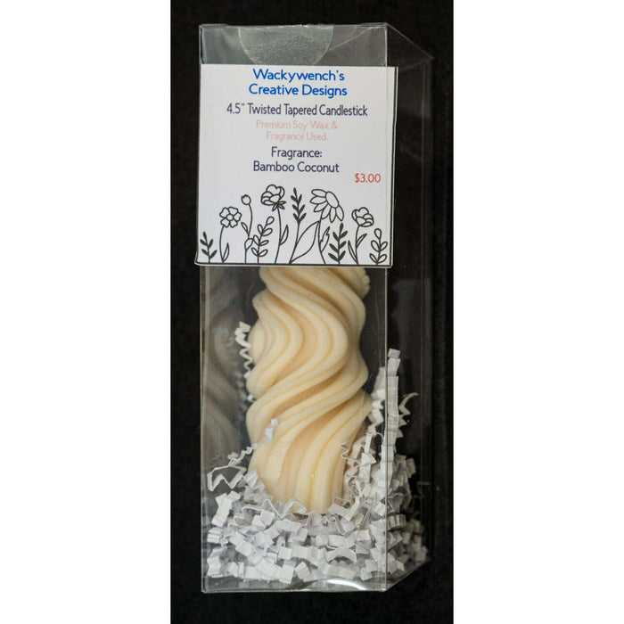 Market on Blackhawk:  Handmade Candles - 4.5" Twisted Tapered Candlestick (6"H x 2"W including box) 3 oz. Fragrance: Bamboo Coconut  |   Wacky Wench’s Creative Designs