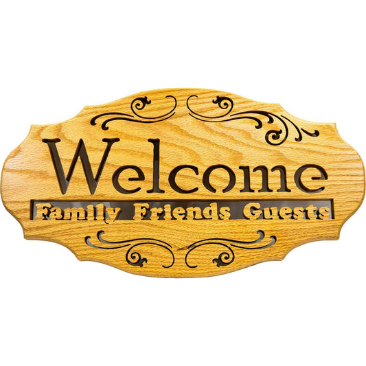 Market on Blackhawk:  Wood Sign - "Welcome Family, Friends, Guests" - Handmade Scroll Saw Art - Style B - Lighter Wood  (17.5" x 0.75" x 9.38", 1.56 lbs.)  |   Richard Welch Woodworking