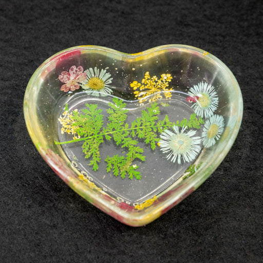 Market on Blackhawk:  Resin Bowls - Small - Clear Flower Heart Bowl  (3" long, 3" wide, 0.9" tall, 1.4 oz.)  |   Mystic Creations