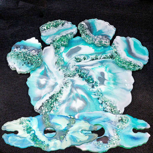 Market on Blackhawk:  Resin Serving Tray, Coaster, & Wine Glass Holder Sets - Aqua Try w/4 Coasters & Two 2-Wine Glass Holders  (9.5" x 0.8" x 9.5" - w/coasters stacked, 2.6 lbs.)  |   Mystic Creations
