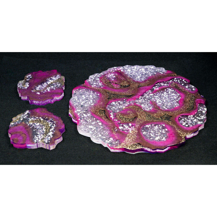Market on Blackhawk:  Resin Serving Tray, Coaster, & Wine Glass Holder Sets - Purple Tray w/2 Coasters  (9.5" x 0.8" x 9.5" stacked, 1.25 lbs.)  |   Mystic Creations