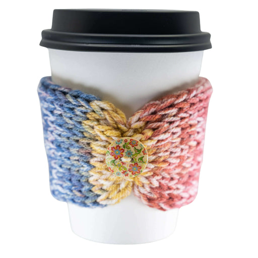 Market on Blackhawk:  Knitted Coffee Cozies - Rose Yellow and Blue Coffee Cozy one Flower Button  |   Blufftop Farm