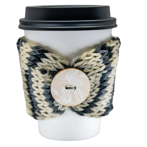 Market on Blackhawk:  Knitted Coffee Cozies - Grey Black Tan Coffee Cozy with One Button  |   Blufftop Farm