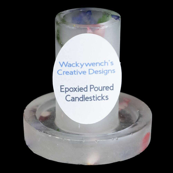 Market on Blackhawk:  Candlestick Holders - Clear Epoxy with Flowers - LARGE (3" H x 2.75" Round - 4 oz.)  |   Wacky Wench’s Creative Designs
