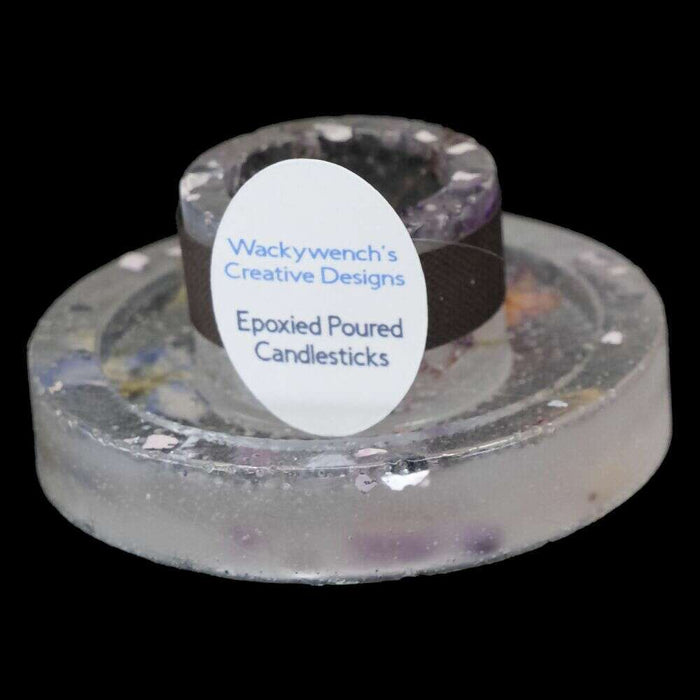 Market on Blackhawk:  Candlestick Holders - Semi-Transparent Epoxy w/Purple Cut Glass & Dried Flowers - SMALL (2.5" H x 2.75" Round - 2.5 oz.)  |   Wacky Wench’s Creative Designs