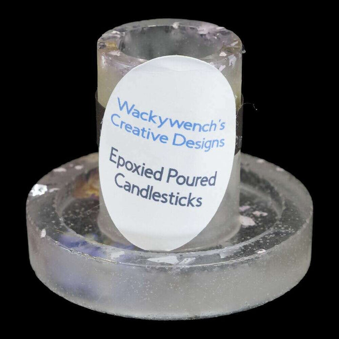 Market on Blackhawk:  Candlestick Holders - Semi-Transparent Epoxy w/Purple Cut Glass & Dried Flowers - MEDIUM (2.5" H, 2.75" Round - 3.0 oz.)  |   Wacky Wench’s Creative Designs