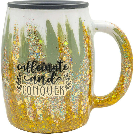 Market on Blackhawk:  Decorated Coffee Mugs - Caffinate & Conquer - 14 oz. capacity -   (5.5" widest, 5" tall without Straw, 10.4 oz.)  |   Wacky Wench’s Creative Designs