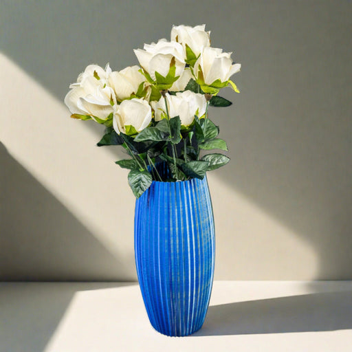 Market on Blackhawk:  Dry Vases with Artificial Flowers - 3D Printed In-House - Blue-Green Vertical Lines Vase w/White Flowers  |   Woodworking Creations