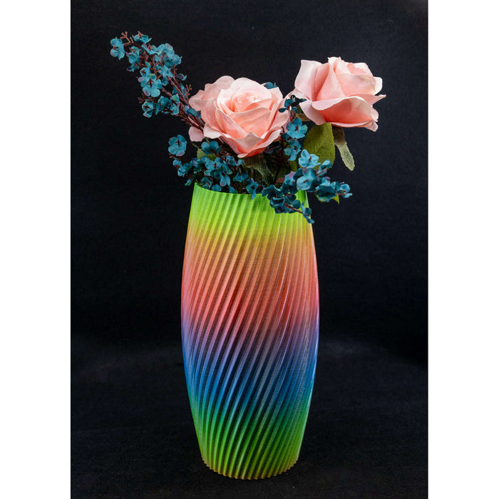 Market on Blackhawk:  Dry Vases with Artificial Flowers - 3D Printed In-House - Spectrum Spiral Vase with Pink & Blue Flowers  |   Woodworking Creations