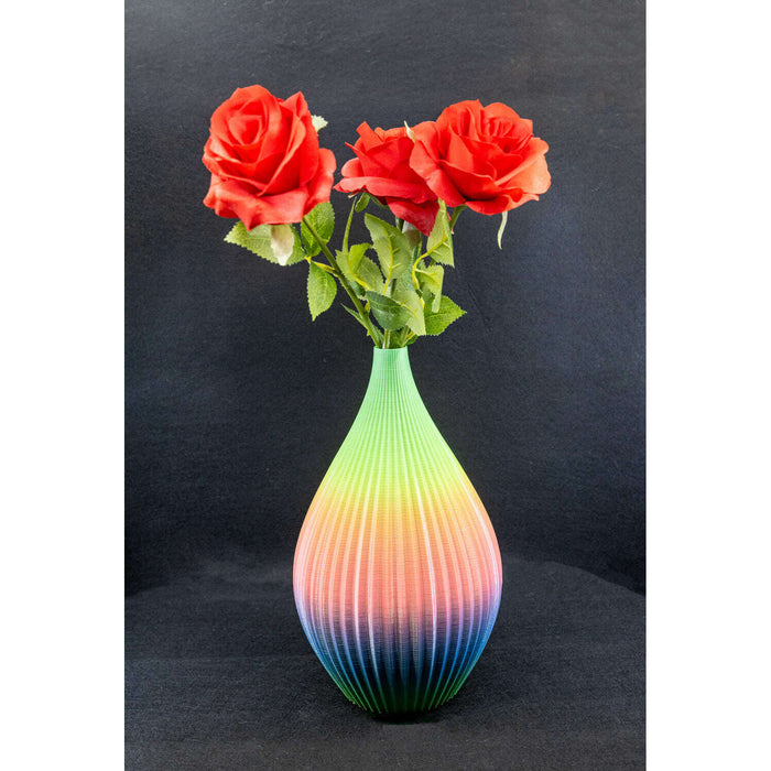 Market on Blackhawk:  Dry Vases with Artificial Flowers - 3D Printed In-House - Spectrum Vert Lines Thin Neck w/Red Rose Flowers  |   Woodworking Creations