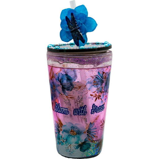 Market on Blackhawk:  Glitter Globe Tumbler - Bloom with Grace - 16 oz. capacity - (3.75" wide, 6.25" tall without Straw, 15 oz)  |   Wacky Wench’s Creative Designs