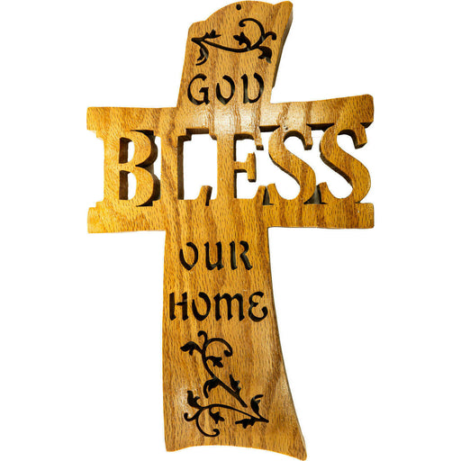 Market on Blackhawk:  God Bless Our Home Wooden Cross - Handmade Scroll Saw Art - Lighter Wood  |   Richard Welch Woodworking