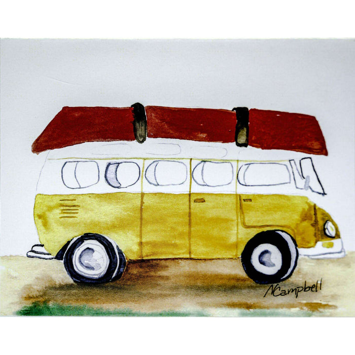 Market on Blackhawk:  Bus with Canoe WaterColor Card (4" x 5") - Bus with Canoe Card (4" x 5") with Envelope  |   Natalie Campbell