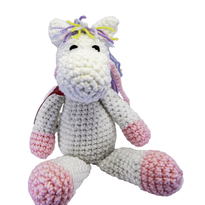 Market on Blackhawk:  Crochet Pony Stuffed Animal - Handmade - White Pony, with Rainbow Mane  |   Pretty Cute Creations by Pat