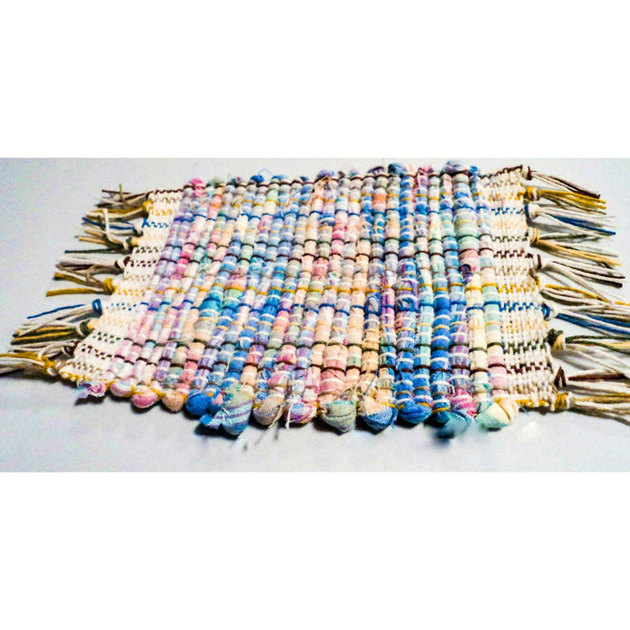 Market on Blackhawk:  Hand Made on a Loom Coaster/ Doll Rug - Blue and Pink Print Hand Made on a Loom Coaster/ Doll Rug  |   Rag Rug Haven