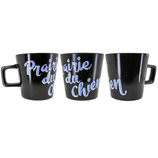 Market on Blackhawk:  Hand-Painted Prairie du Chien Coffee Mugs - Black Mug: PdC Blue Font  |   BnC