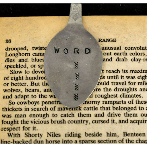 Market on Blackhawk:  Hand-Stamped Vintage Spoon Bookmarkers - Word  |   Blufftop Farm