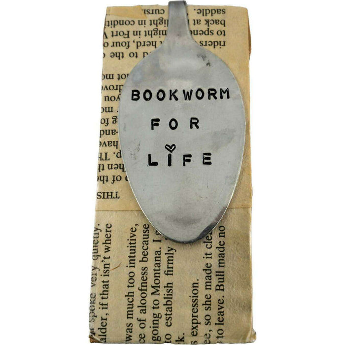 Market on Blackhawk:  Hand-Stamped Vintage Spoon Bookmarkers - Bookworm for Life  |   Blufftop Farm