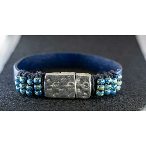 Market on Blackhawk:  Handmade Leather Bracelets - Hammered Chrome Hardware with Blue Band & Glass Beads (7.5" , 0.5 oz.)  |   Cowgirl Pretty