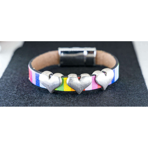 Market on Blackhawk:  Handmade Leather Bracelets - Rainbow Colored Leather with 3 Chrome Hearts and Chrome Hardware  (7.5" , 0.8 oz.)  |   Cowgirl Pretty
