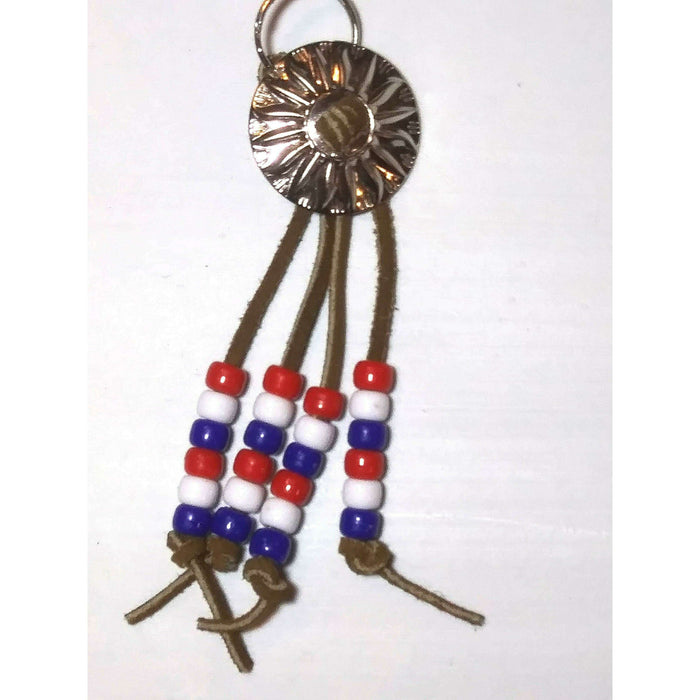 Market on Blackhawk:  Key Chain with Conch, Leather Lacing and Beads - Handmade Key Chain - Flower Shape Leather Lacing with Patriotic Beads  |   Rag Rug Haven