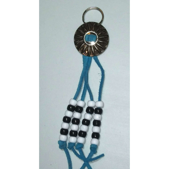 Market on Blackhawk:  Key Chain with Conch, Leather Lacing and Beads - Handmade Key Chain - Flower Shape Turquoise Leather Lacing with B&W Beads  |   Rag Rug Haven