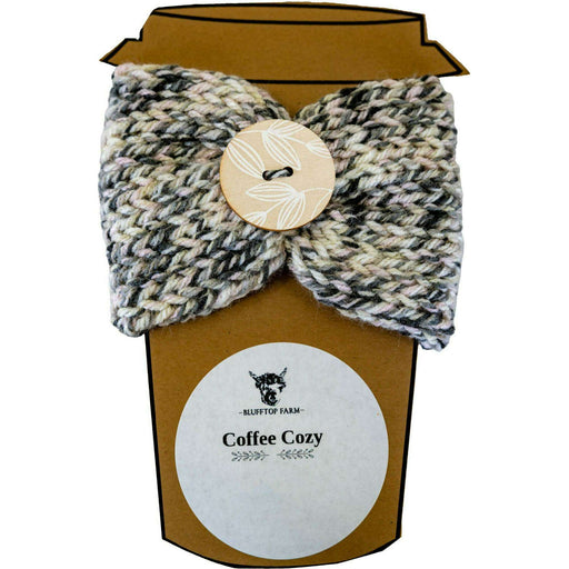 Market on Blackhawk:  Knitted Coffee Cozies - Grey White and Pink Coffee Cozy with One Button  |   Blufftop Farm