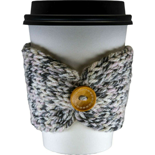 Market on Blackhawk:  Knitted Coffee Cozies - Grey White and Pink Coffee Cozy with Darker Wood Button  |   Blufftop Farm
