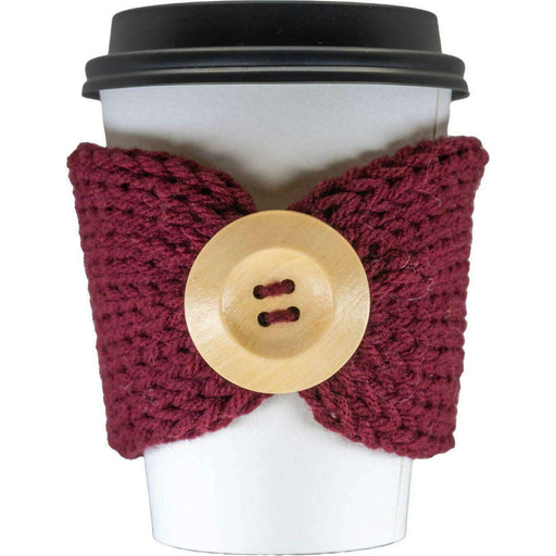 Market on Blackhawk:  Knitted Coffee Cozies - Maroon Coffee Cozy with Lg Button  |   Blufftop Farm