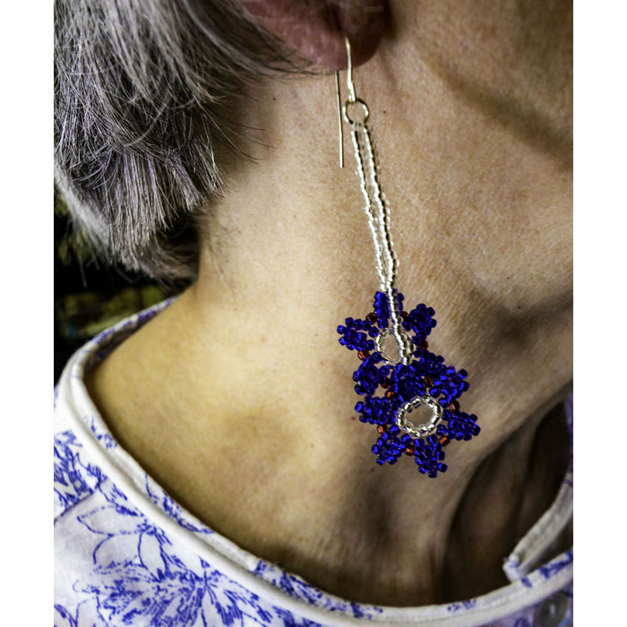 Market on Blackhawk:  Seed Bead Earrings - Flowers - Blue & Silver Dominant  (3" x 0.75" x 0.13")  |   LA MAISON RAVOUX