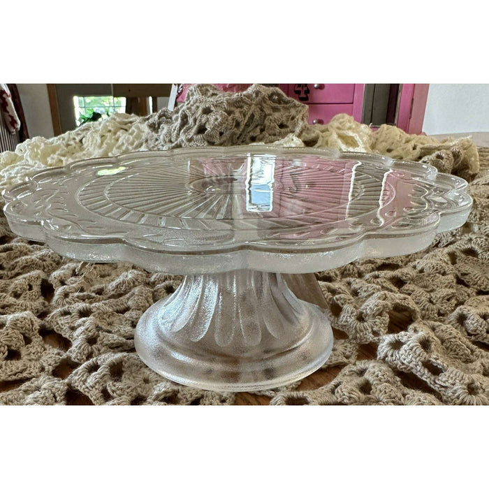 Market on Blackhawk:  Vintage Clear Glass Cake Stand. Laurel Leaf Footed 8" scalloped Edge #1822 - Default Title  |   Quilts by Barb
