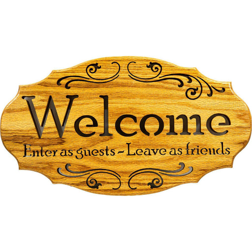 Market on Blackhawk:  Wood Sign - "Welcome - Enter as Guests - Leave as Friends" - Handmade Scroll Saw Art - Darker Wood (17" x 0.75" x 9.5", 1.56 lbs.)  |   Richard Welch Woodworking