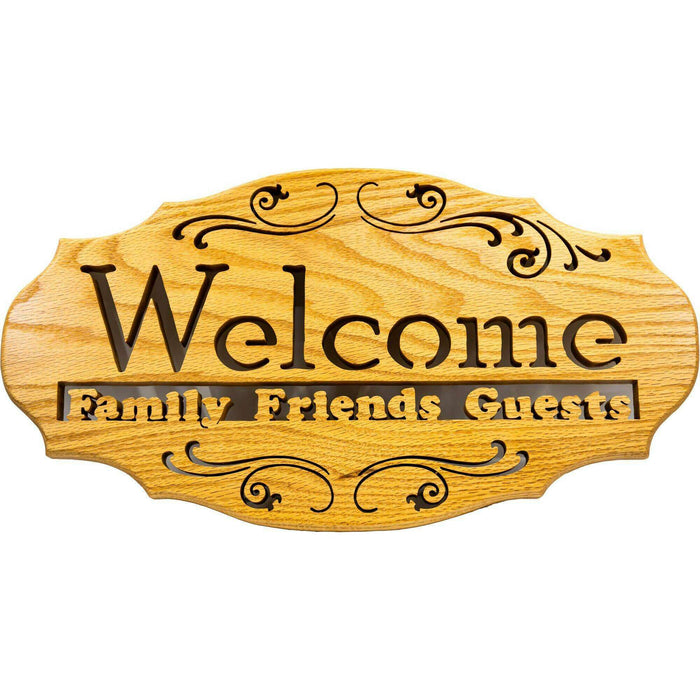 Market on Blackhawk:  Wood Sign - "Welcome Family, Friends, Guests" - Handmade Scroll Saw Art - Style B - Lighter Wood  (17.5" x 0.75" x 9.38", 1.56 lbs.)  |   Richard Welch Woodworking