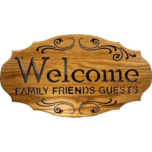 Market on Blackhawk:  Wood Sign - "Welcome Family, Friends, Guests" - Handmade Scroll Saw Art - Style A - Darker Wood (15.88" x 0.75" x 8.75", 1.63 lbs.)  |   Richard Welch Woodworking