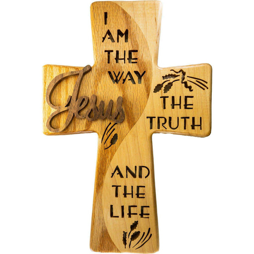 Market on Blackhawk:  Wooden Cross "I am the Way, the Truth, and the Life" - Handmade Scroll Saw Art - Oak Wood (L)  & Maple Wood (R) -  (with hanger)  |   Richard Welch Woodworking