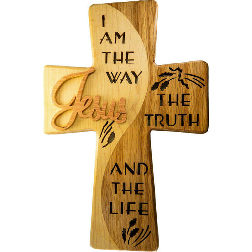 Market on Blackhawk:  Wooden Cross "I am the Way, the Truth, and the Life" - Handmade Scroll Saw Art - Maple Wood (R) & Oak Wood (L) -  (with hanger)  |   Richard Welch Woodworking