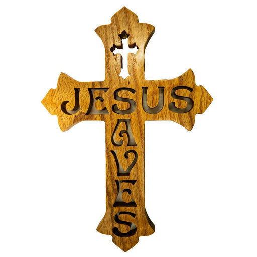Market on Blackhawk:  Wooden 'Jesus Saves' Cross - Handmade Scroll Saw Art - Cross without Sawtooth Hanger  |   Richard Welch Woodworking