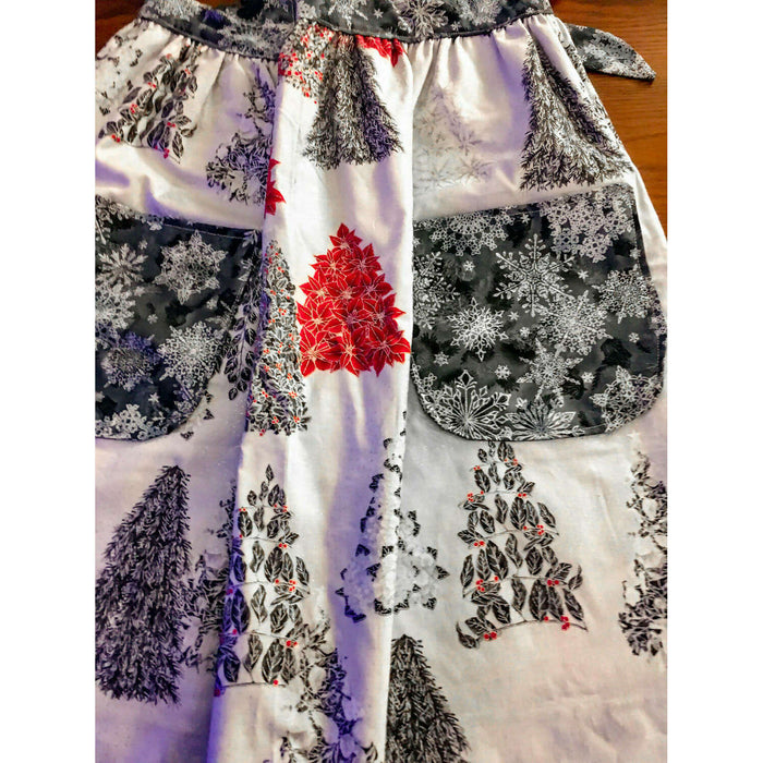 Market on Blackhawk:  Aprons & Reversable Aprons - Reversable Silver Grey & Red Christmas Trees   (22" L x 33" waist, with two-24" ties)  |   O Baby Creations & Kathys Simply Cakes
