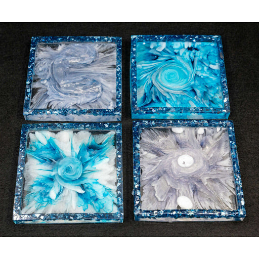 Market on Blackhawk:  Resin Coasters - Blue Blooms  (4" x 4" x 0.25", 1.1 lbs. for 4 coasters)  |   Mystic Creations