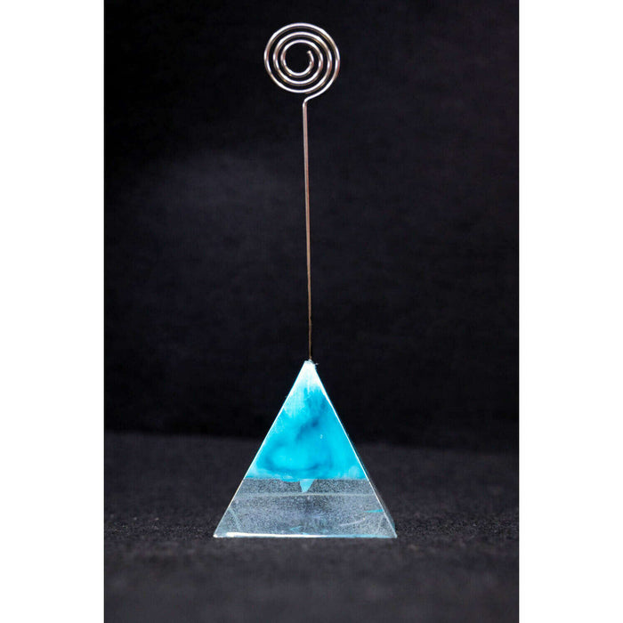 Market on Blackhawk:  Resin Tabletop Pyramid Decor - Clear with Blue Blend WITH Note Holder  (2" x 2" x 2" - without Note Holder, 1.7 oz.)  |   Mystic Creations